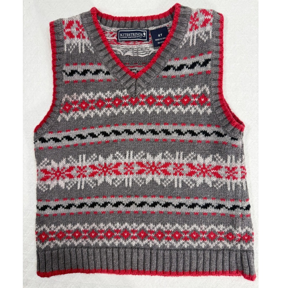 Kitestrings Fair Isle Sweater Knit Vest Toddler 4T Grey Red Snowflake Preppy EUC